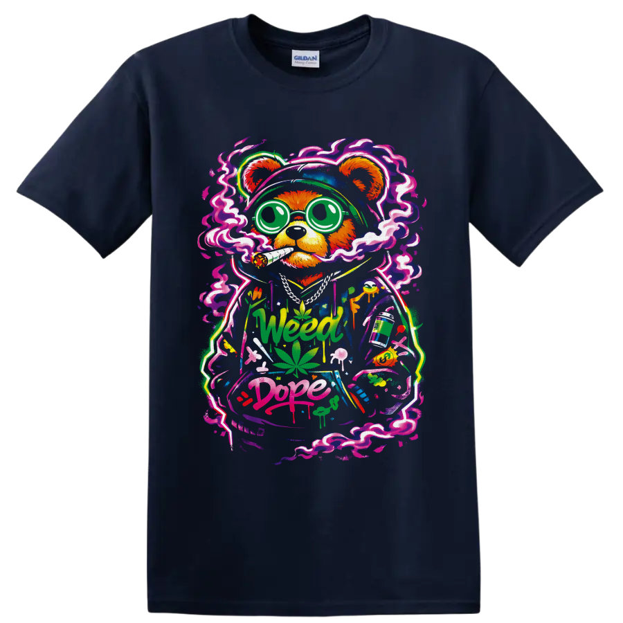 Cartoon cannabis bear with neon smoke, leaves, mushrooms, and Weed Dope graffiti on a Navy (Blue) T Shirt