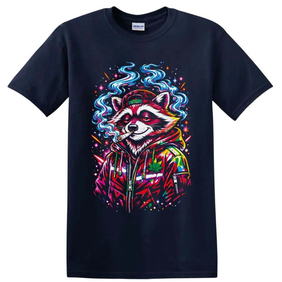 Psychedelic cannabis raccoon in cap and hoodie with swirling smoke and leaf on a Navy (Blue) T Shirt