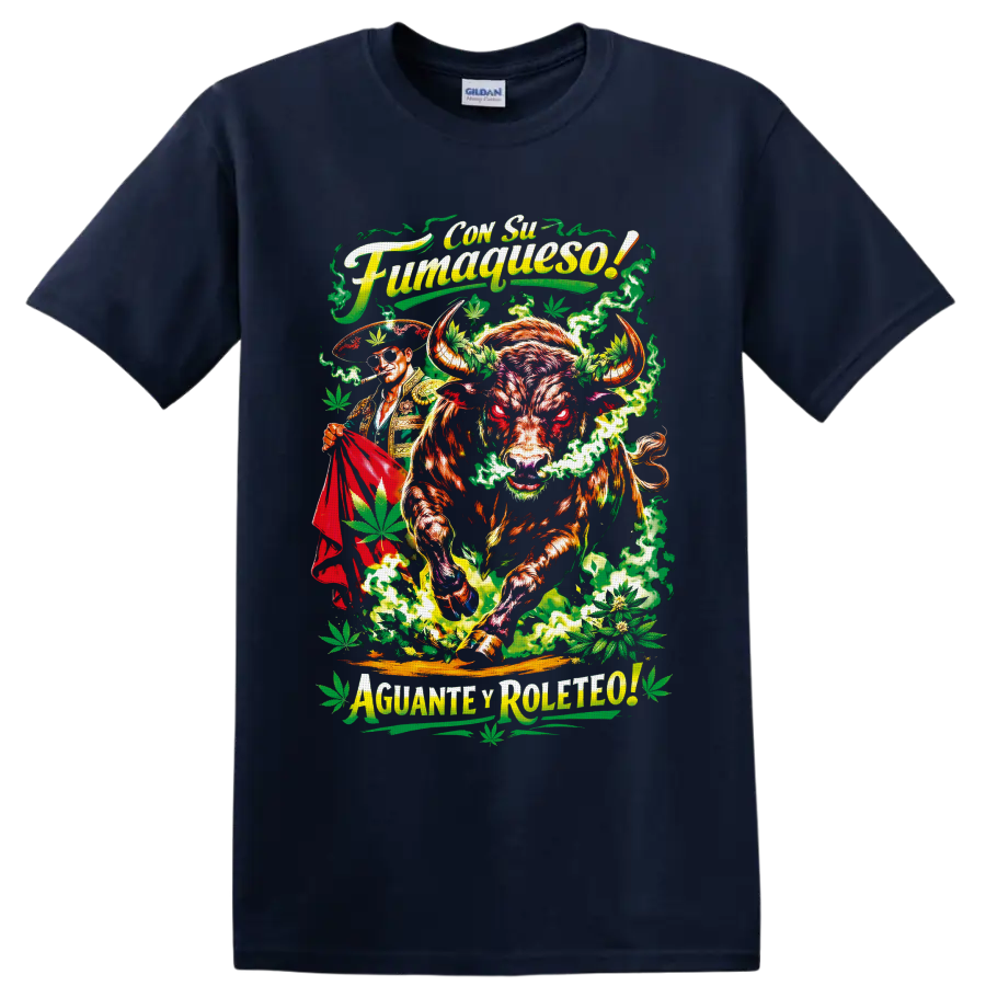 Charging bull and matador with cannabis leaves, green smoke, and Spanish-style lettering on a Navy (Blue) T Shirt