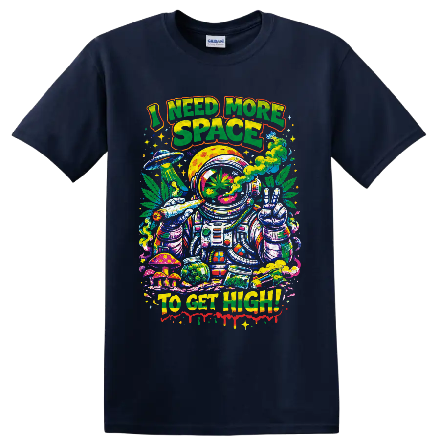 Psychedelic cannabis astronaut with peace sign, UFO, mushrooms, and I Need More Space text on a Navy (Blue) T Shirt