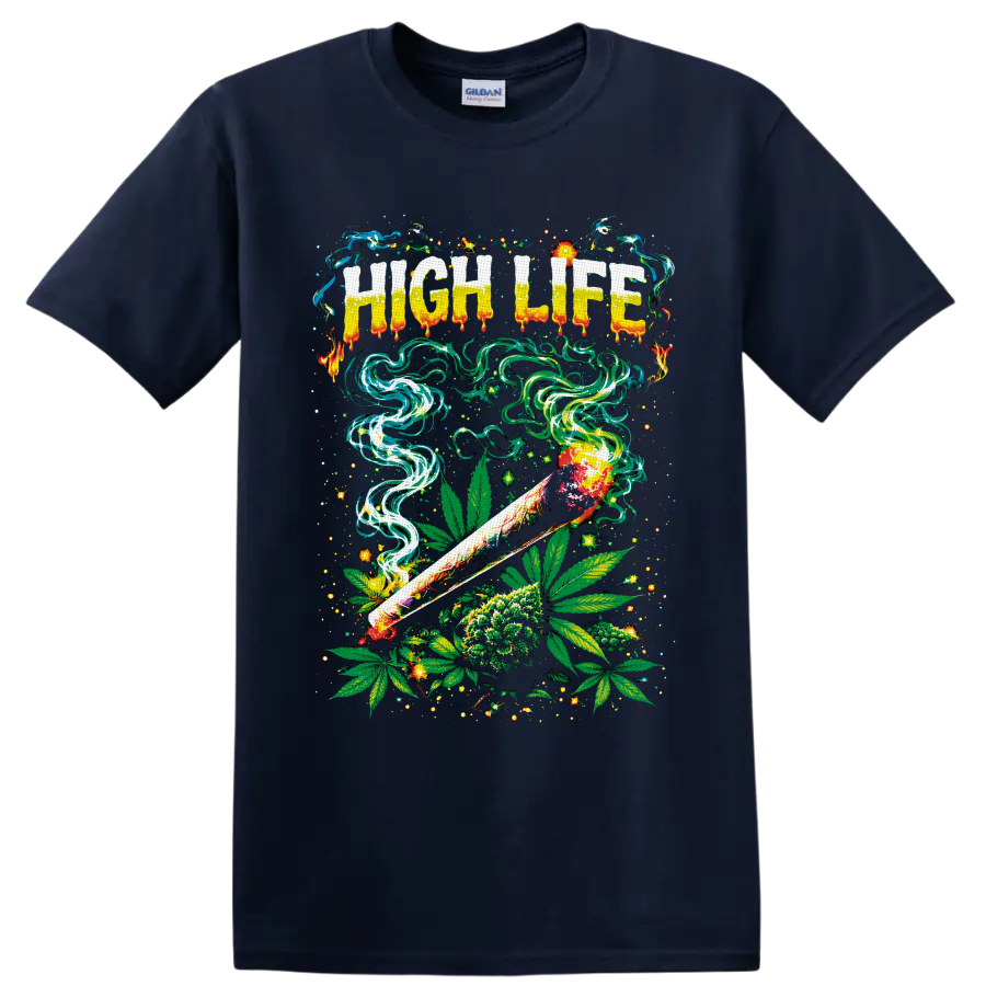High Life psychedelic cannabis graphic with rolled smoke, leaves, flower, and neon swirls on a Navy (Blue) T Shirt