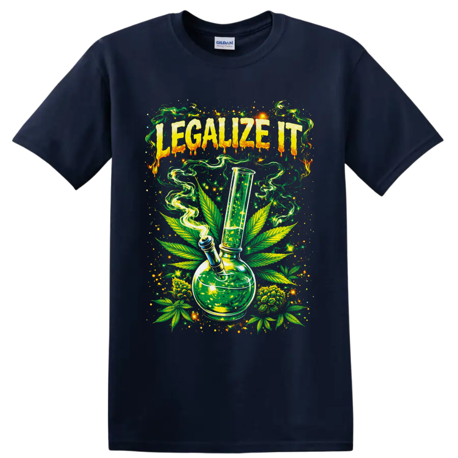 Legalize It psychedelic cannabis bong graphic with leaves, smoke, and starbursts on a Navy (Blue) T Shirt