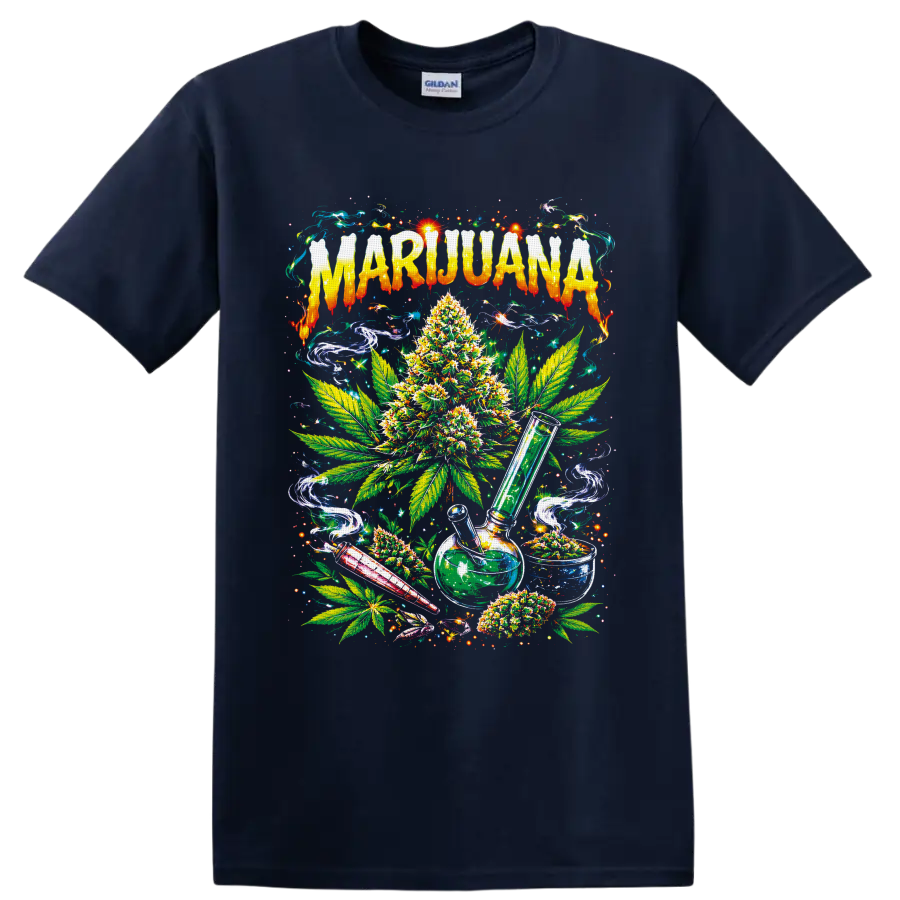 Psychedelic marijuana plant, leaves, glass water pipe, smoke swirls, and MARIJUANA text on a Navy (Blue) T Shirt