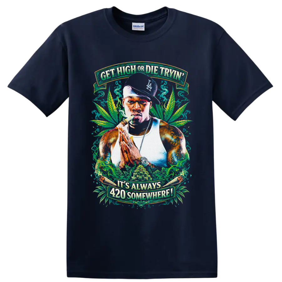 Stoner portrait with cannabis leaves, smoke, and It's Always 420 Somewhere banners on a Navy (Blue) T Shirt
