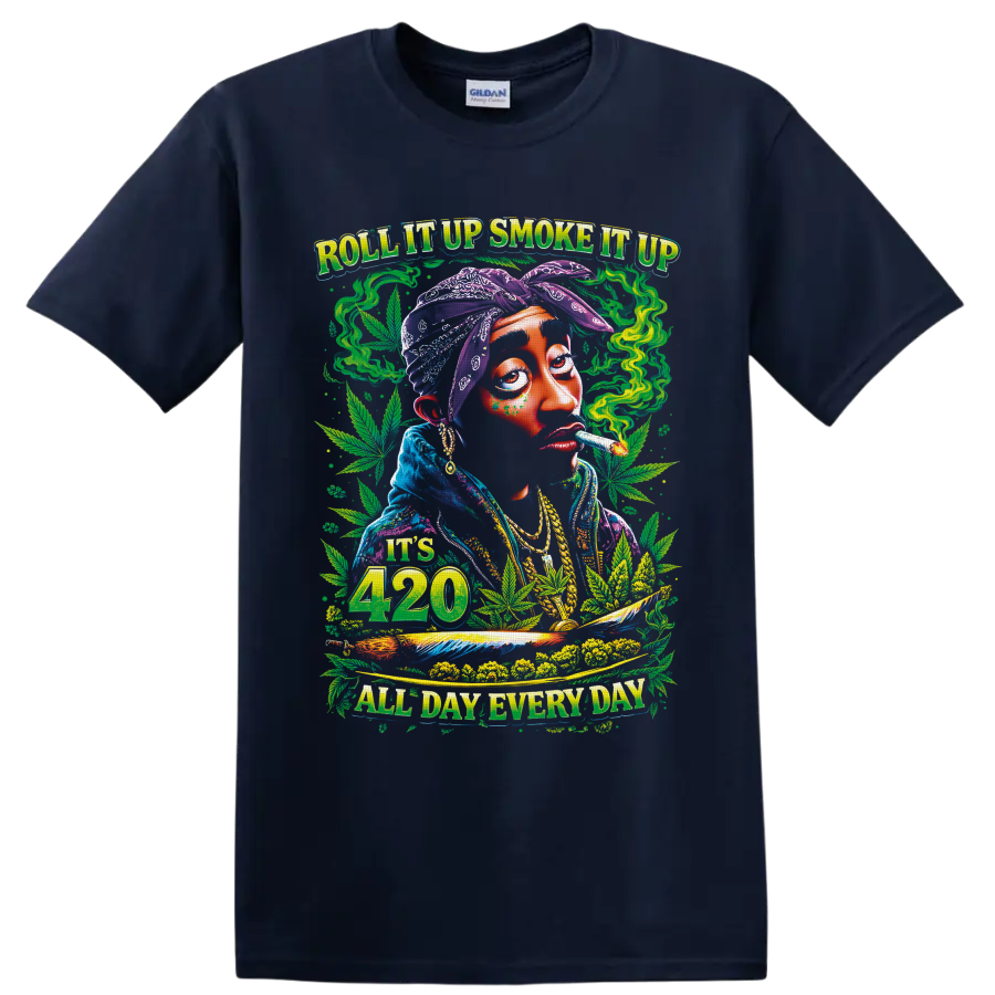 Psychedelic 420 smoker portrait with cannabis leaves and All Day Everyday text on a Navy (Blue) T Shirt