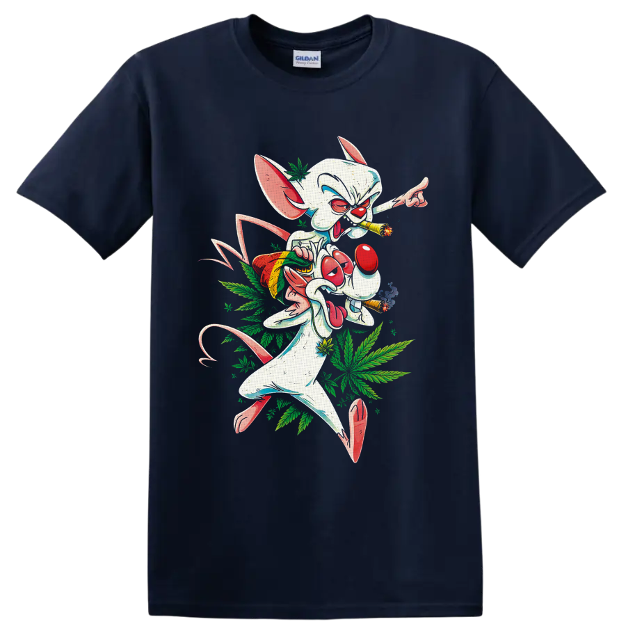 Pinky cartoon mouse smoking joints with snack bag and cannabis leaf graphic on a Navy (Blue) T Shirt