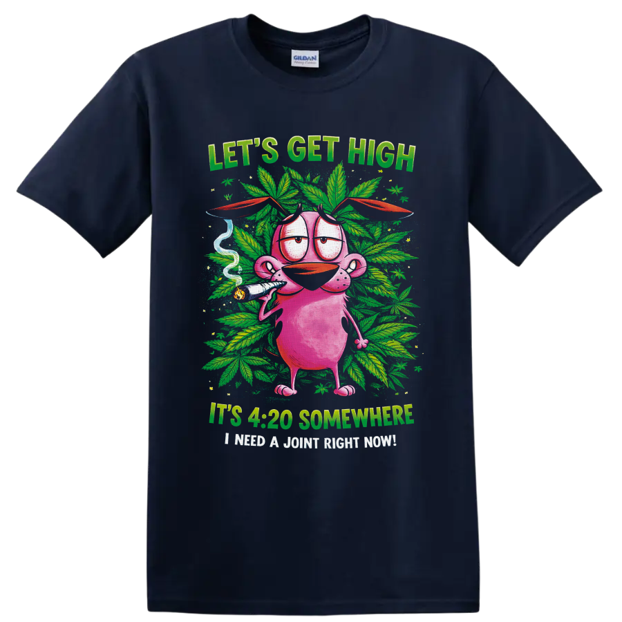 Pink cartoon character holding a joint amid cannabis leaves and 420 slogans on a Navy (Blue) T Shirt