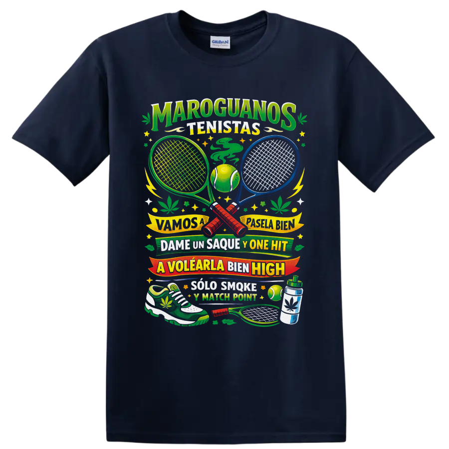 Retro cannabis tennis graphic with crossed rackets, ball, leaves, and Spanish wordplay on a Navy (Blue) T Shirt
