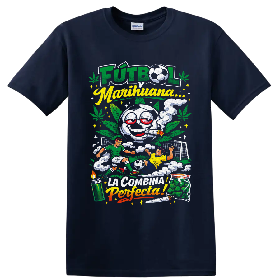 Smoking cartoon soccer ball with cannabis leaves, players, and Futbol y Marihuana text on a Navy (Blue) T Shirt