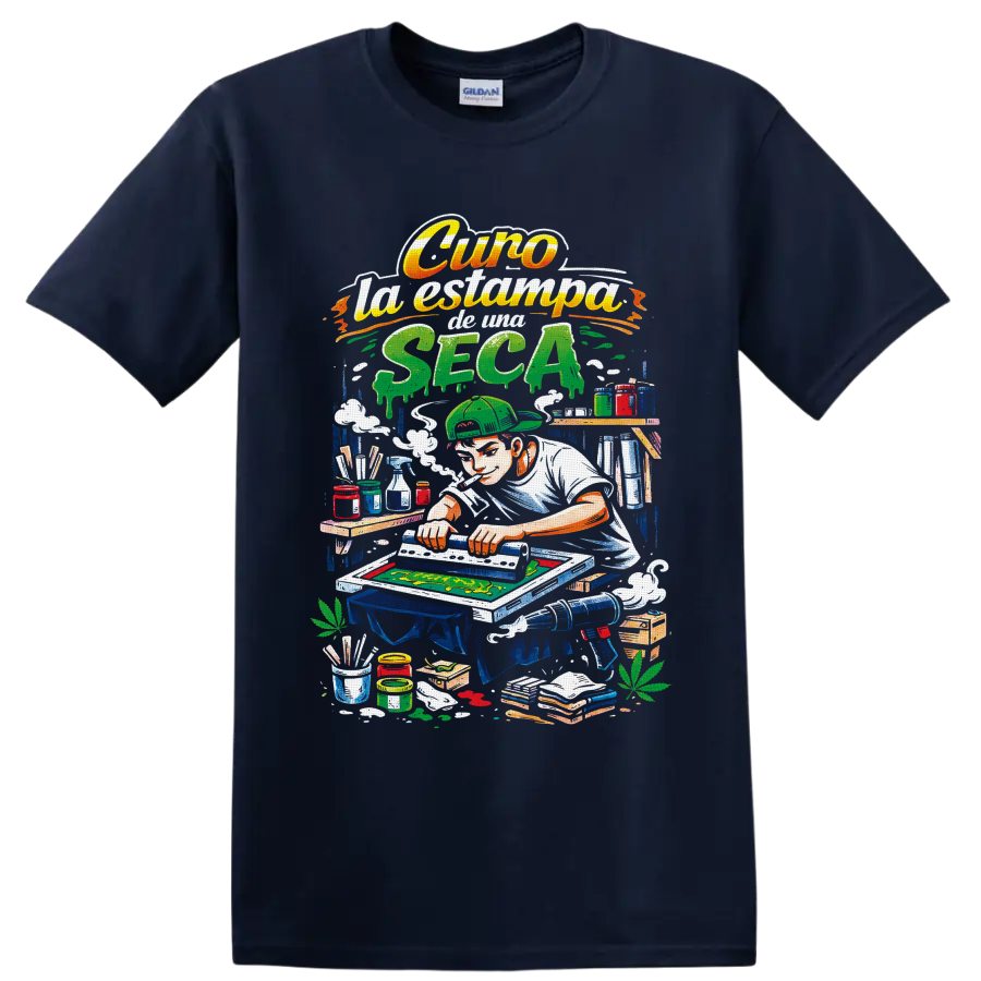 Retro cannabis screen printer illustration with squeegee, inks, smoke, and leafy accents on a Navy (Blue) T Shirt