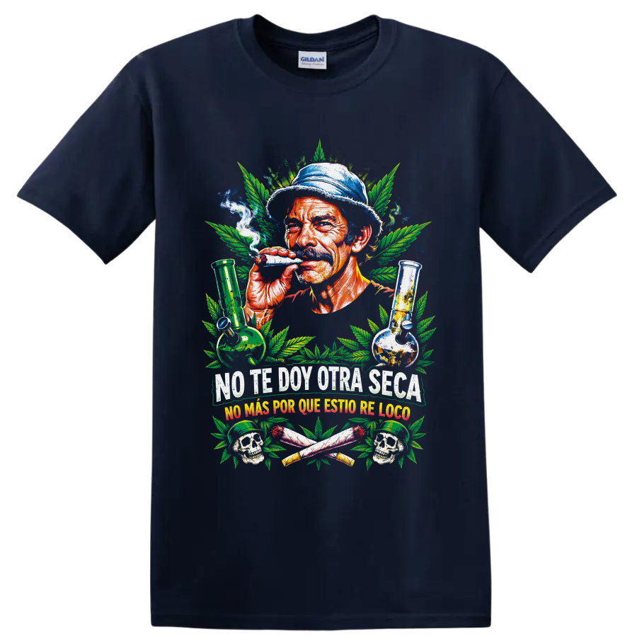 Smoking man with cannabis leaves, glass bongs, skulls, and Spanish slogans graphic on a Navy (Blue) T Shirt