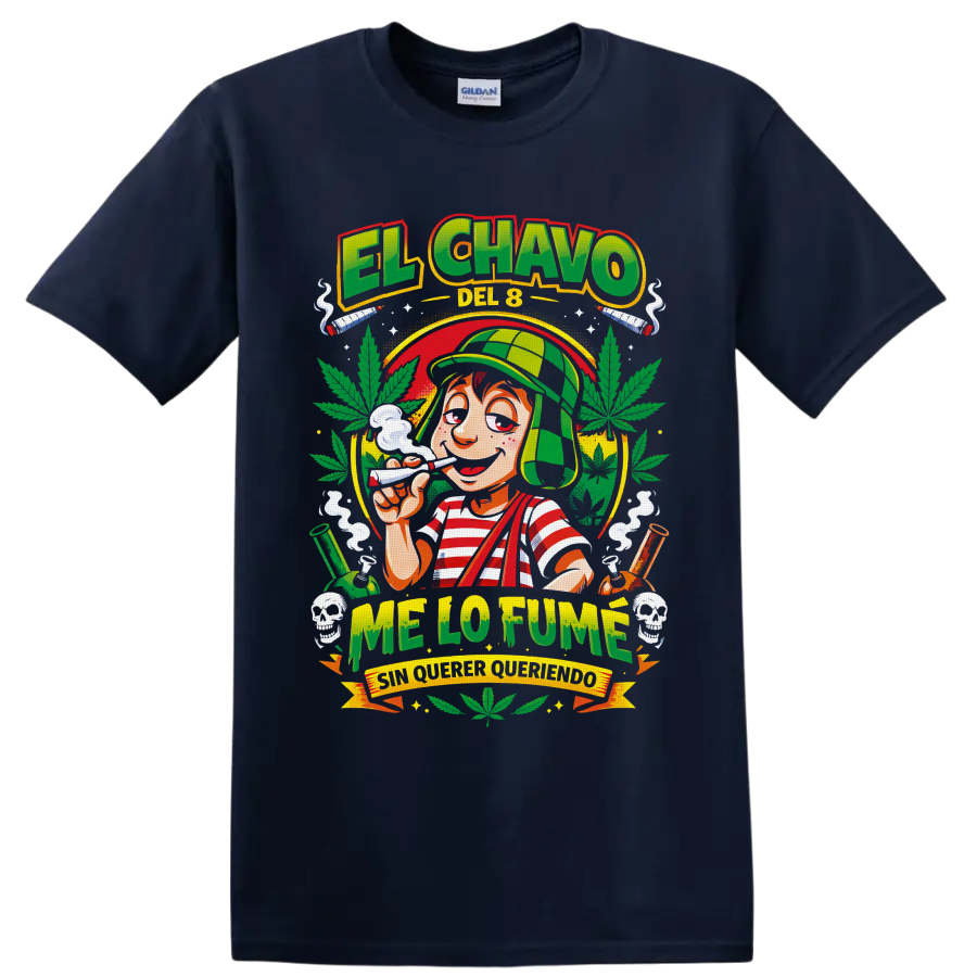 El Chavo del 8 cartoon with cannabis leaves, pipes, smoke, and Me Lo Fumé text on a Navy (Blue) T Shirt