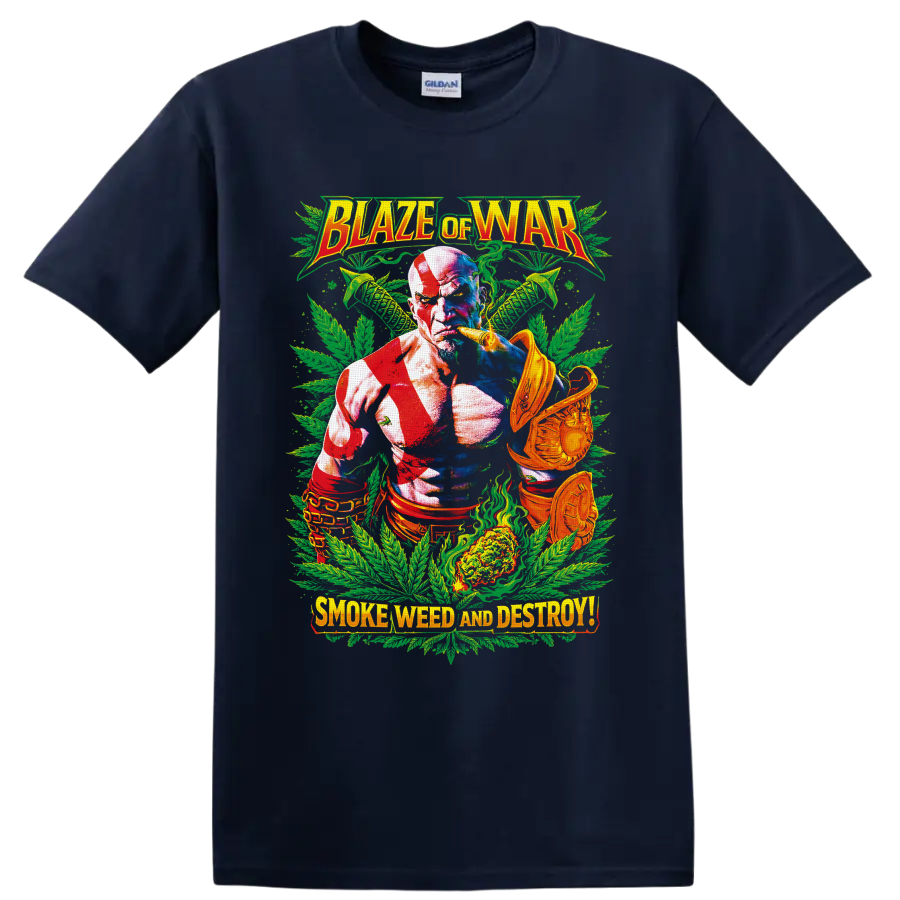 Kratos cannabis warrior graphic with green leaves and Blaze of War text on a Navy (Blue) T Shirt
