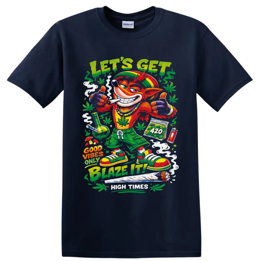 Crash Bandicoot-inspired retro 420 cartoon with Let's Get Blazed text and cannabis leaves on a Navy (Blue) T Shirt