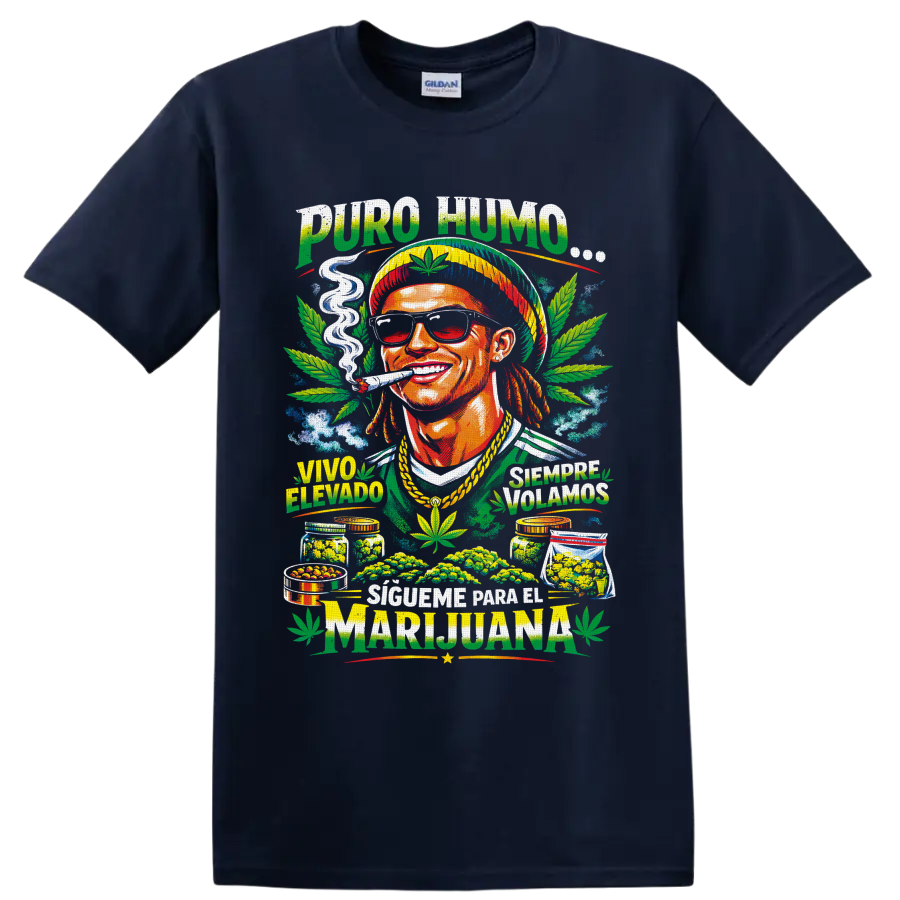 Colorful 420 cannabis graphic with smiling smoker, sunglasses, leaves, and Spanish on a Navy (Blue) T Shirt