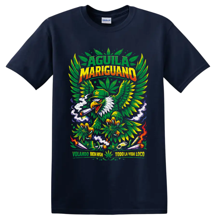 Cannabis eagle with leaf wings, lit rolled smoke, and psychedelic 420 artwork on a Navy (Blue) T Shirt