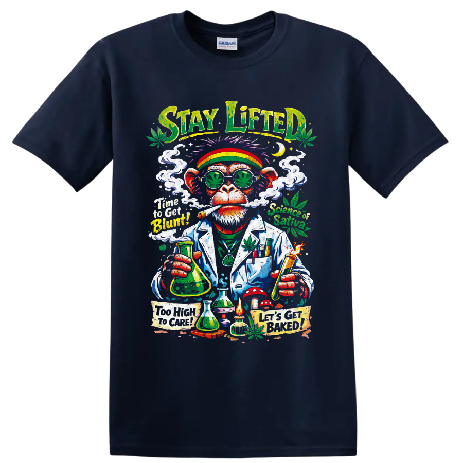 Psychedelic cannabis ape scientist graphic with leaf glasses, smoke, and lab glassware on a Navy (Blue) T Shirt
