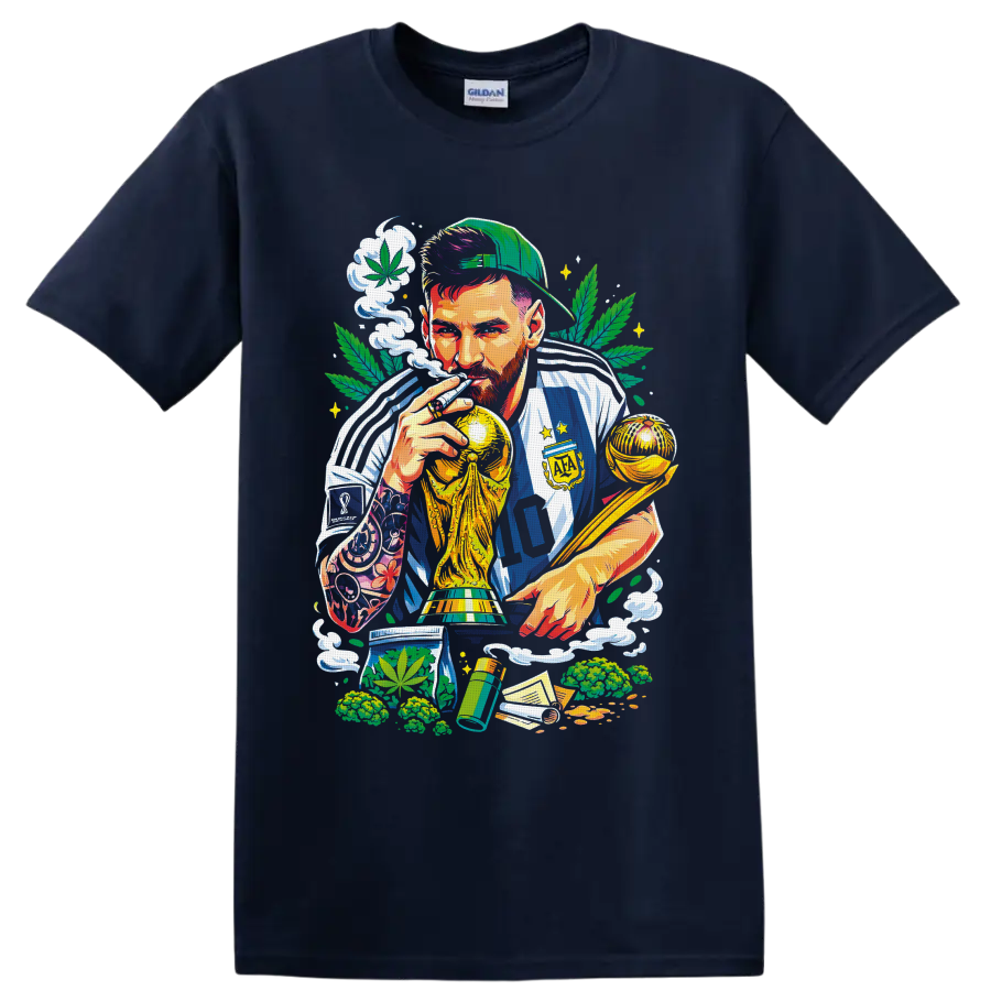Colorful number 10 soccer champion with gold trophies, cannabis leaves, and smoke on a Navy (Blue) T Shirt