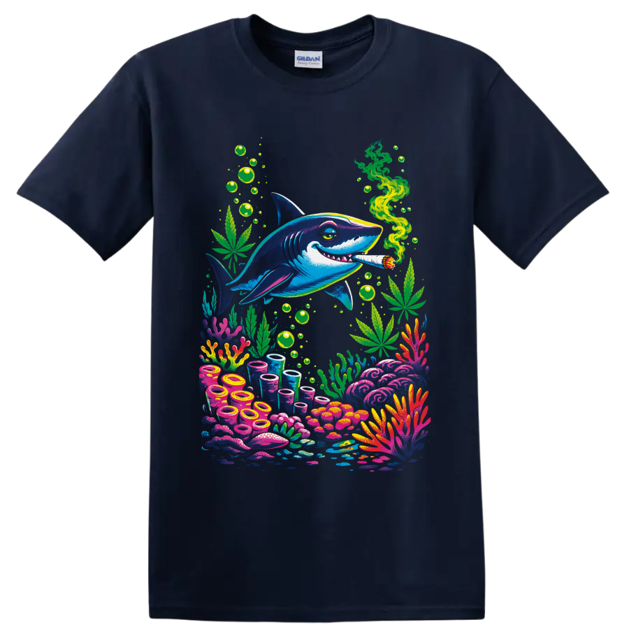 Psychedelic blue shark with cannabis leaves, green smoke, bubbles, and colorful coral reef on a Navy (Blue) T Shirt