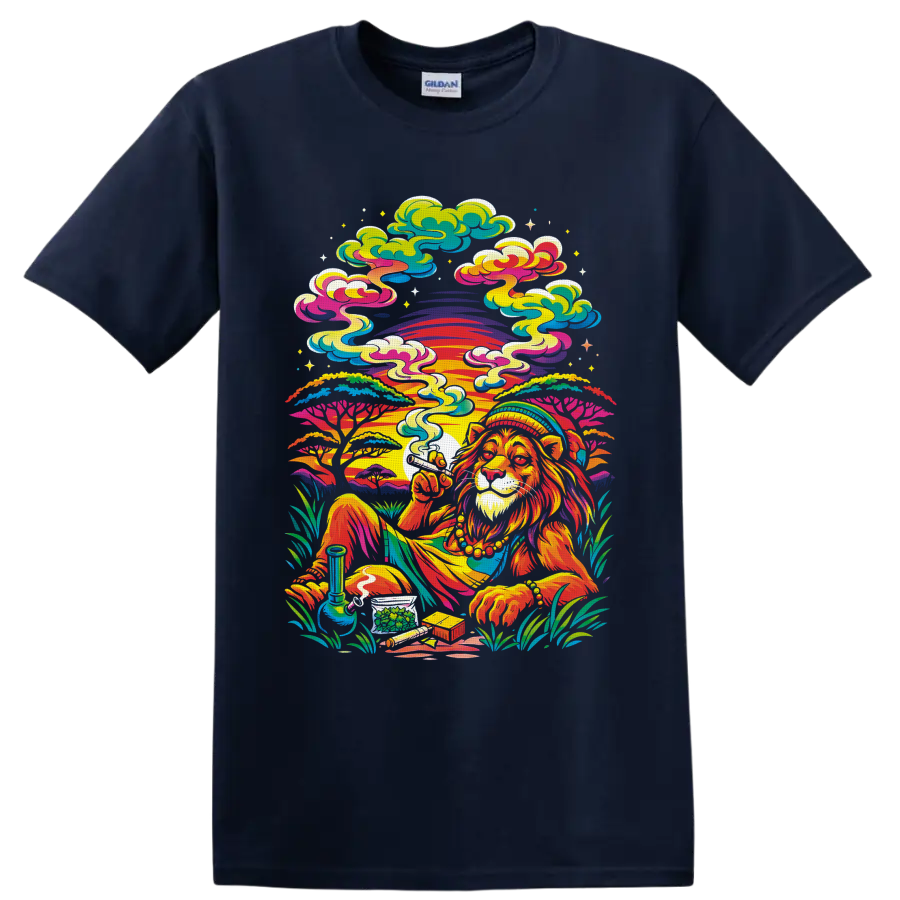 Psychedelic cannabis lion with sunset, smoke, water pipe, buds, and swirling clouds on a Navy (Blue) T Shirt
