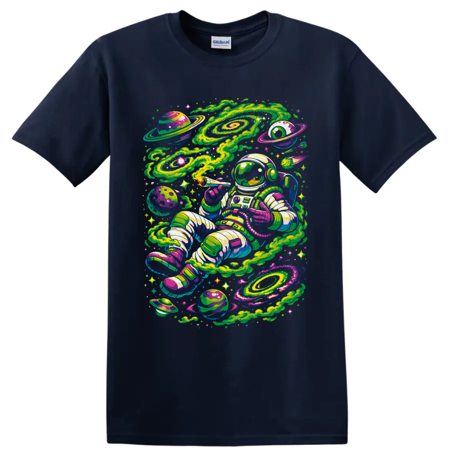 Psychedelic astronaut smoking a joint among neon galaxies, planets, and stars on a Navy (Blue) T Shirt