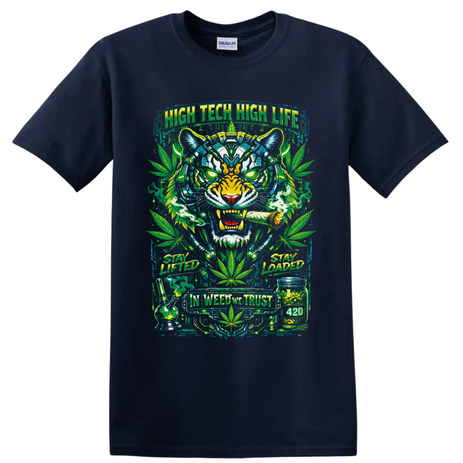 Neon cyberpunk tiger with cannabis leaves, bong, jar, and 420 street-art text on a Navy (Blue) T Shirt