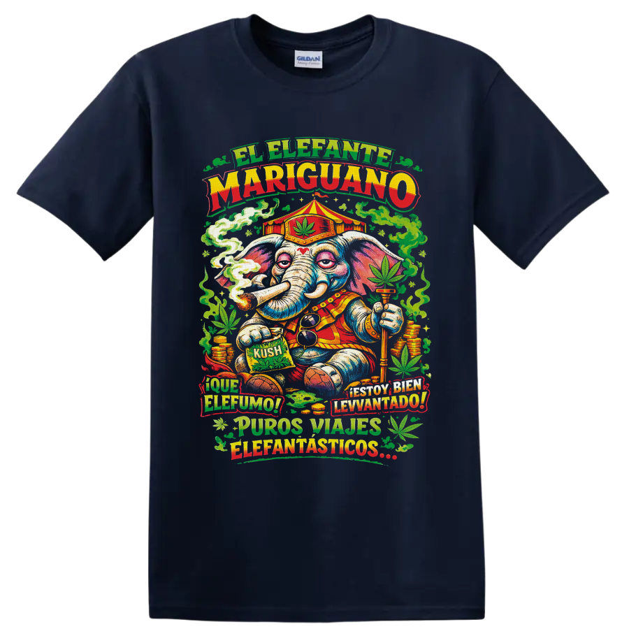 Psychedelic cannabis circus elephant with smoke, leaves, coins, and Spanish text on a Navy (Blue) T Shirt
