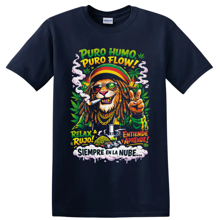 Rasta-style lion in cannabis leaf shades with smoke, peace sign, and Spanish 420 text on a Navy (Blue) T Shirt