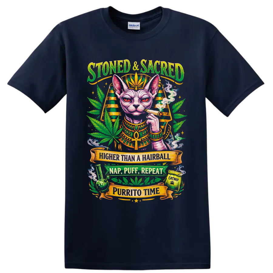 Egyptian-inspired Sphynx cat cannabis graphic with Stoned & Sacred banner text on a Navy (Blue) T Shirt