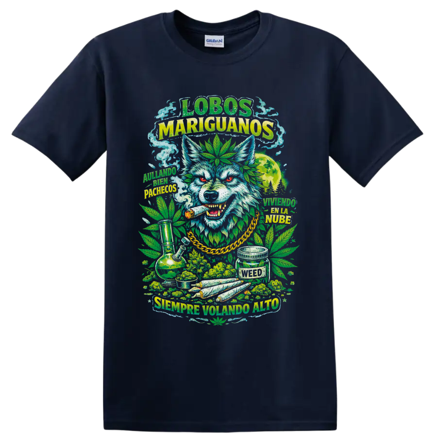 Psychedelic cannabis wolf with marijuana leaves, moon, smoke, and Spanish lettering on a Navy (Blue) T Shirt
