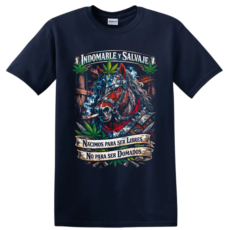 Distressed blue and red horse with cannabis leaves and Spanish freedom banners on a Navy (Blue) T Shirt