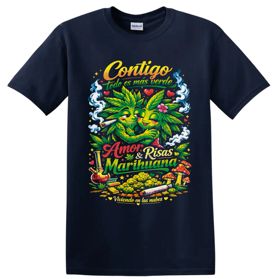 Psychedelic hugging cannabis leaf couple with mushrooms, smoke, hearts, and Spanish on a Navy (Blue) T Shirt