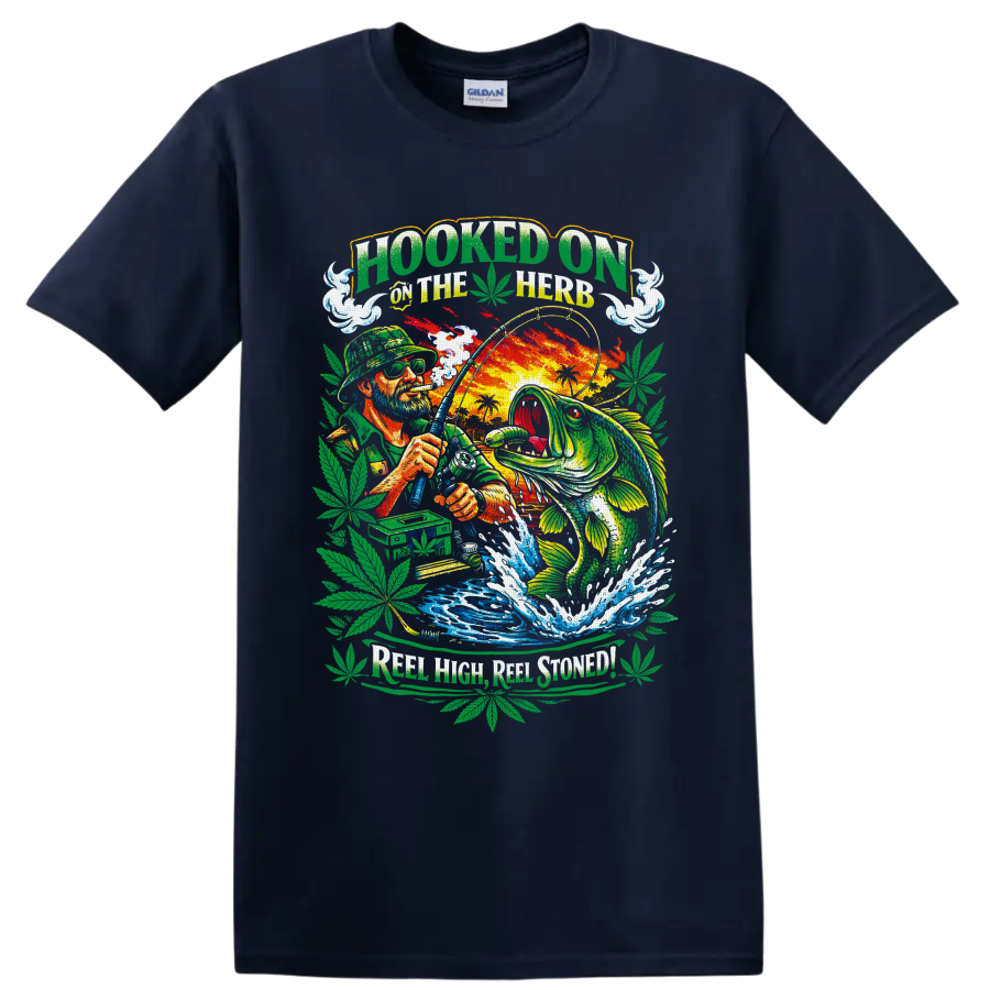 Bass angler and leaping fish in colorful cannabis fishing graphic with Hooked on the Herb on a Navy (Blue) T Shirt