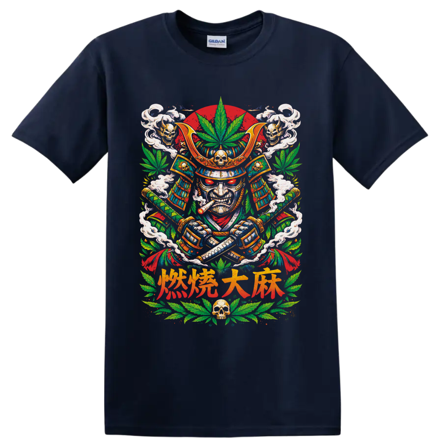 Cannabis samurai warrior graphic with katana swords, skulls, smoke, and leaves on a Navy (Blue) T Shirt