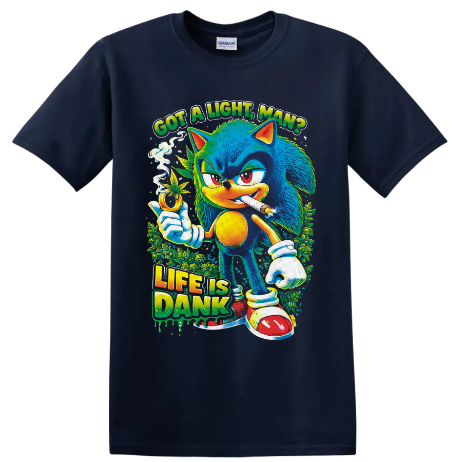 Psychedelic Sonic the Hedgehog 420 cannabis art with Got a Light, Man? text on a Navy (Blue) T Shirt