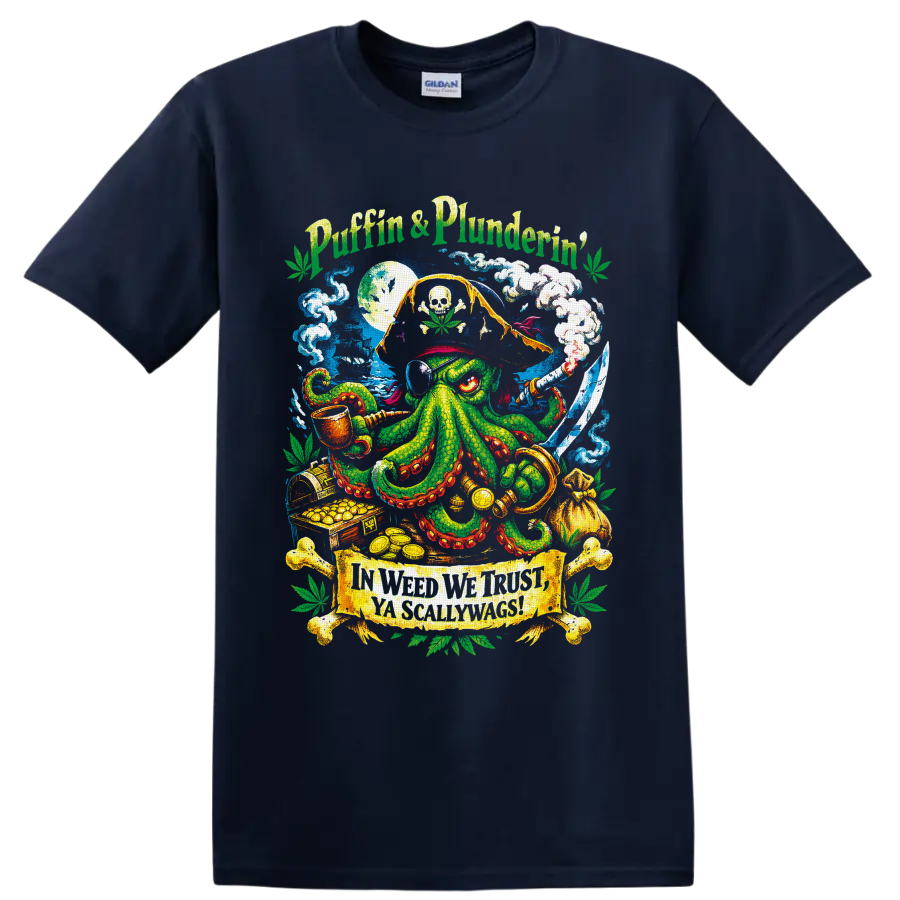 Cannabis pirate octopus with skull flag, sword, smoke, treasure, and Puffin' & Plunderin' on a Navy (Blue) T Shirt