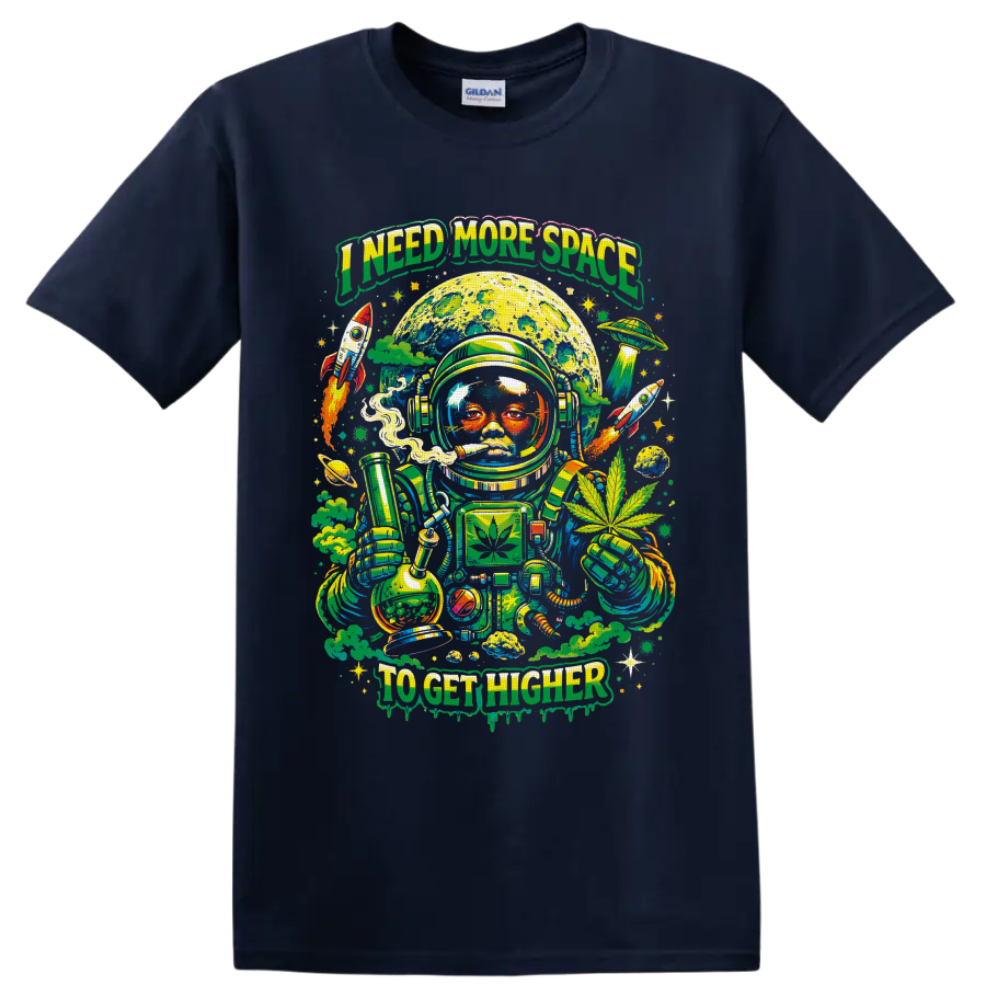 Psychedelic cannabis astronaut with moon, bong, rockets, and I Need More Space text on a Navy (Blue) T Shirt
