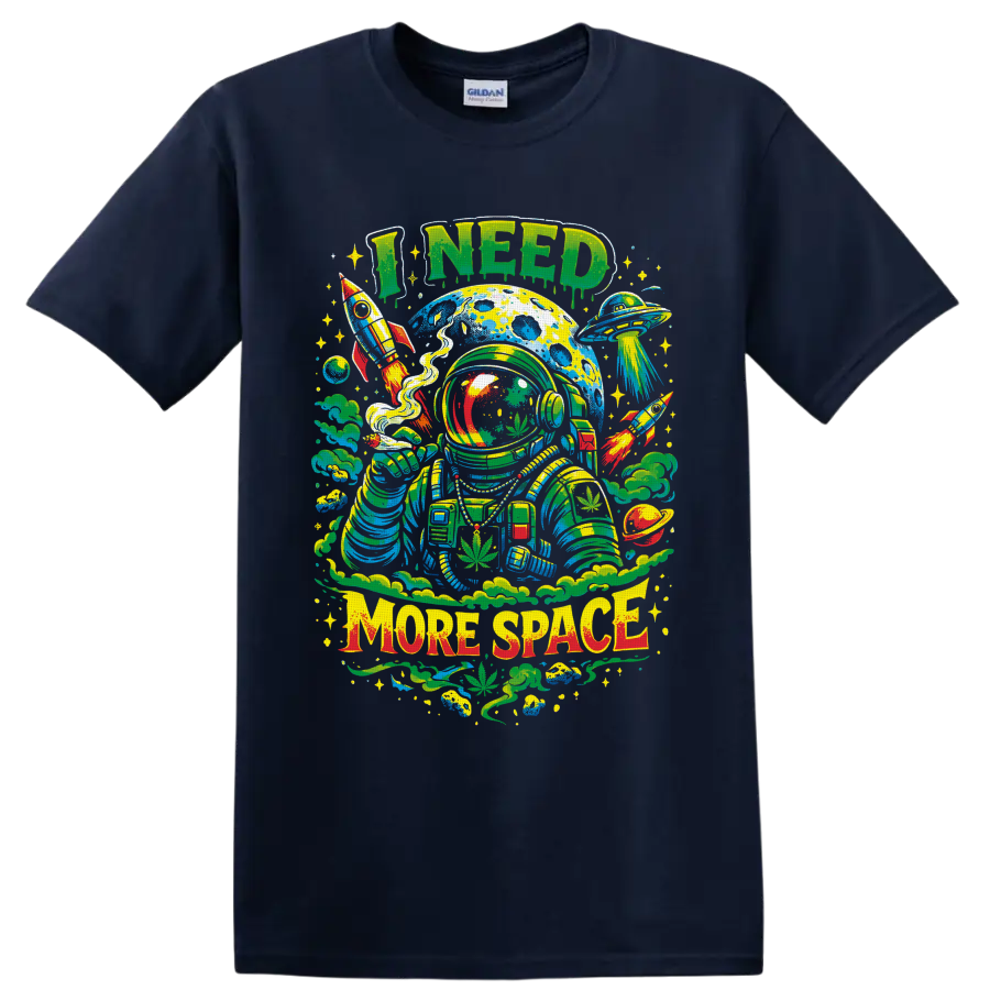 Psychedelic cannabis astronaut with rockets, UFO, and I Need More Space text on a Navy (Blue) T Shirt