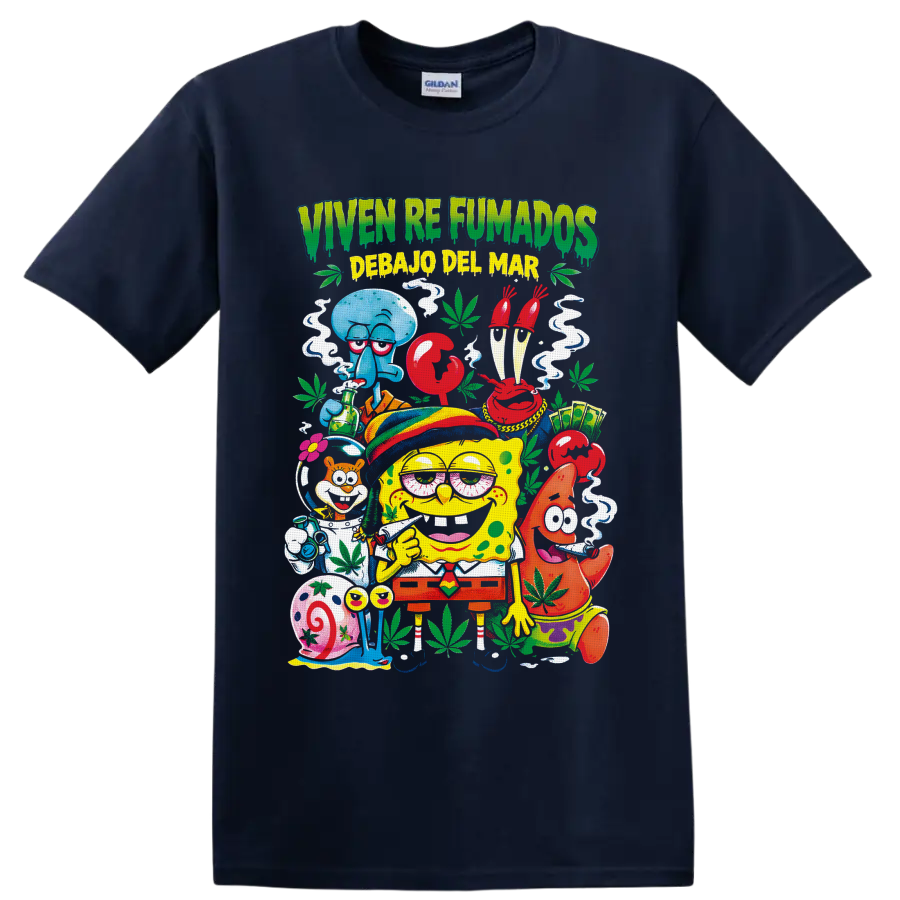SpongeBob and Bikini Bottom friends in a colorful 420 cannabis cartoon collage on a Navy (Blue) T Shirt