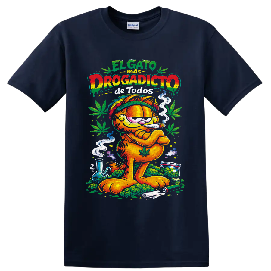 Garfield 420 Rastafari cartoon with cannabis leaves, smoke, and Spanish lettering on a Navy (Blue) T Shirt