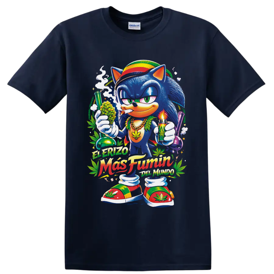 Blue cartoon hedgehog with cannabis leaves, glass pipes, and El Erizo Más Fumón text on a Navy (Blue) T Shirt