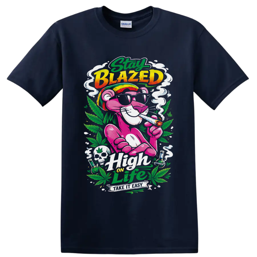 Retro pink smoking cat with cannabis leaves, Stay Blazed and High on Life text on a Navy (Blue) T Shirt