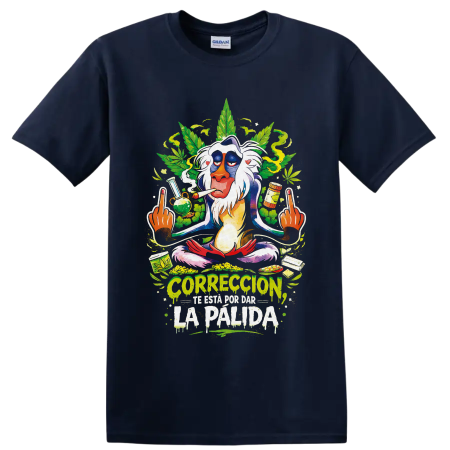 Psychedelic mandrill cannabis graphic with leaves, smoke, pipe, and dripping Spanish on a Navy (Blue) T Shirt