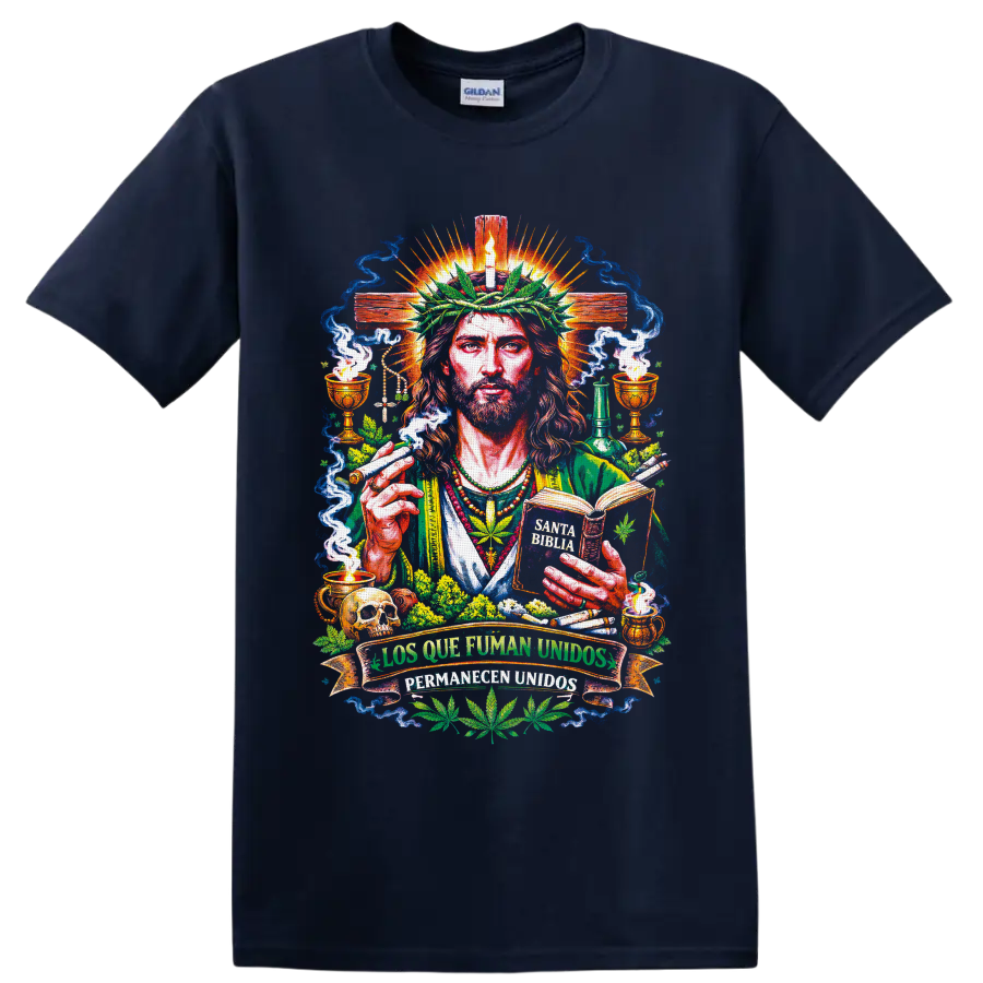 Jesus cannabis sacred art graphic with cross, leaf crown, smoke, and Spanish unity banner on a Navy (Blue) T Shirt
