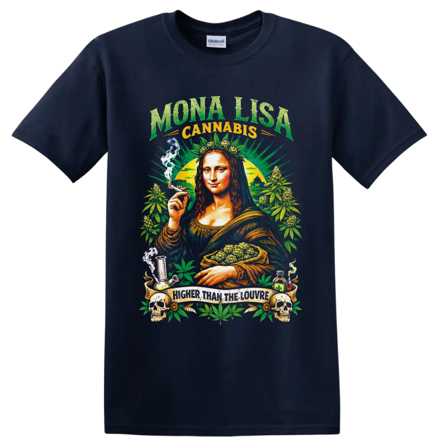 Mona Lisa cannabis collage with buds, leaves, skulls, smoke, and Higher Than the Louvre on a Navy (Blue) T Shirt
