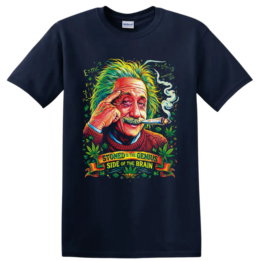 Psychedelic Albert Einstein portrait with cannabis leaves and smoke on a Navy (Blue) T Shirt