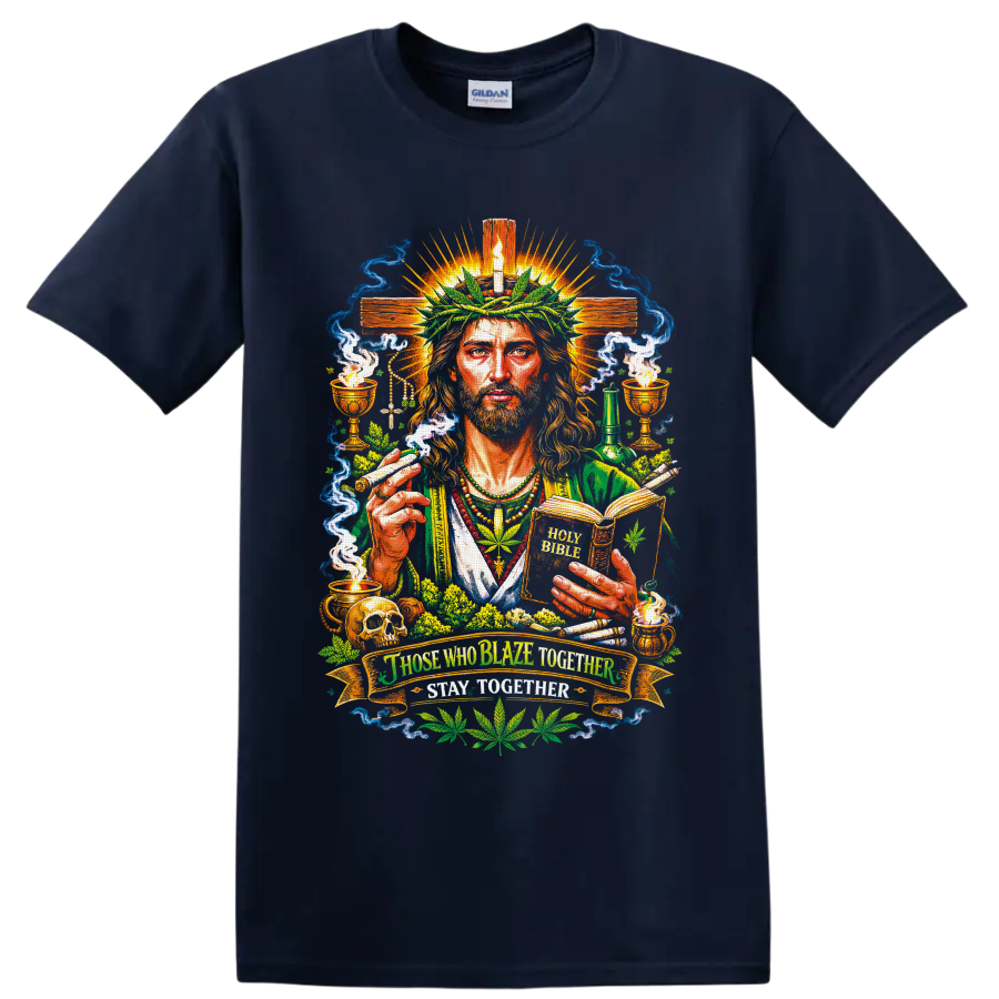 Psychedelic Cannabis Jesus with leaf crown, Holy Bible, cross, smoke, and chalices on a Navy (Blue) T Shirt