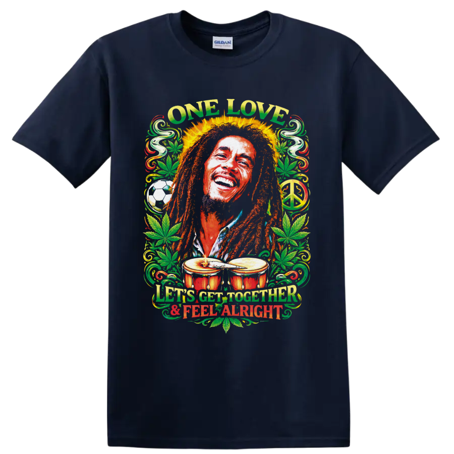 Bob Marley reggae portrait with One Love text, cannabis leaves, drums, and peace sign on a Navy (Blue) T Shirt