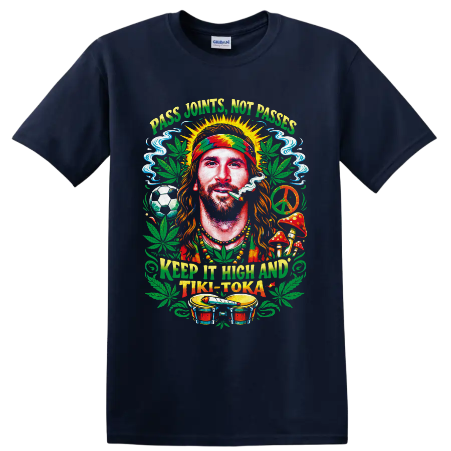 Rasta-style cannabis portrait with soccer ball, peace sign, bongos, and Tiki-Toka text on a Navy (Blue) T Shirt