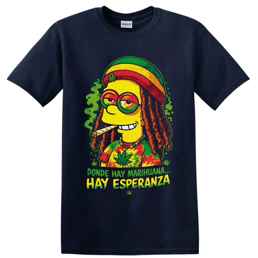 Homer Simpson rasta cannabis cartoon with dreadlocks and Spanish 420 text on a Navy (Blue) T Shirt